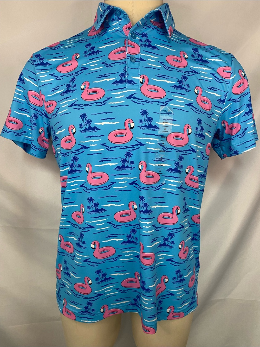 Birdie Bound (NWT) Blue Polo with Pink Flamingo Print Men’s Medium